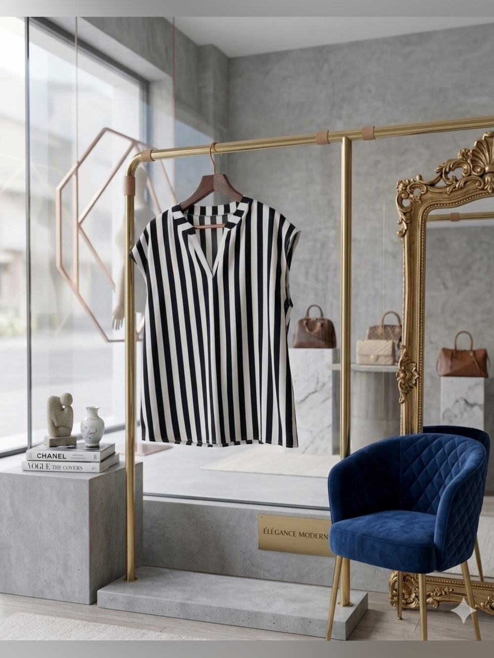 SHEIN Black & White Vertical Stripe Split V-Neck Cap Sleeve Top